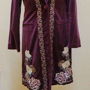 COPY - Johnny Was Wine Colored Embroidered Velvet Coat Size S